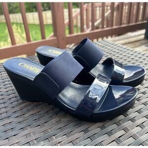 Chaps Ralph Lauren Rhoda Navy Blue Patent Leather Wedge Slide Sandals - Size 8B